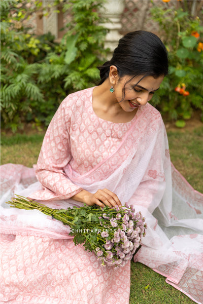 Cotton Block Print Gud Buti Kurta Set in Candy Pink