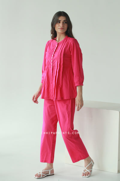 Cotton Tucks Co Ord Set in Hot Pink (Set of 2)