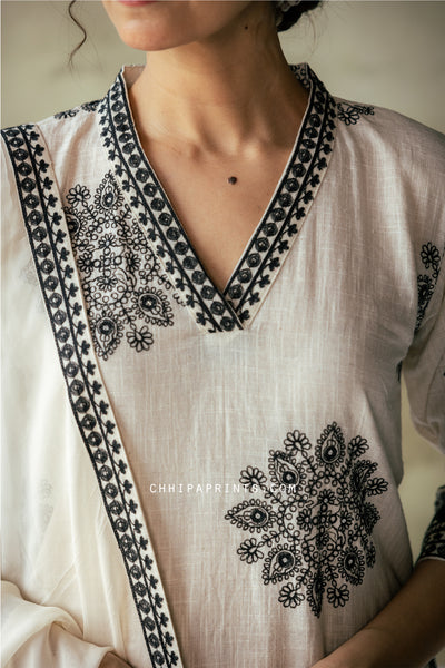 Cotton Mandala Embroidery Kurta Set in Shades of Ivory & Black