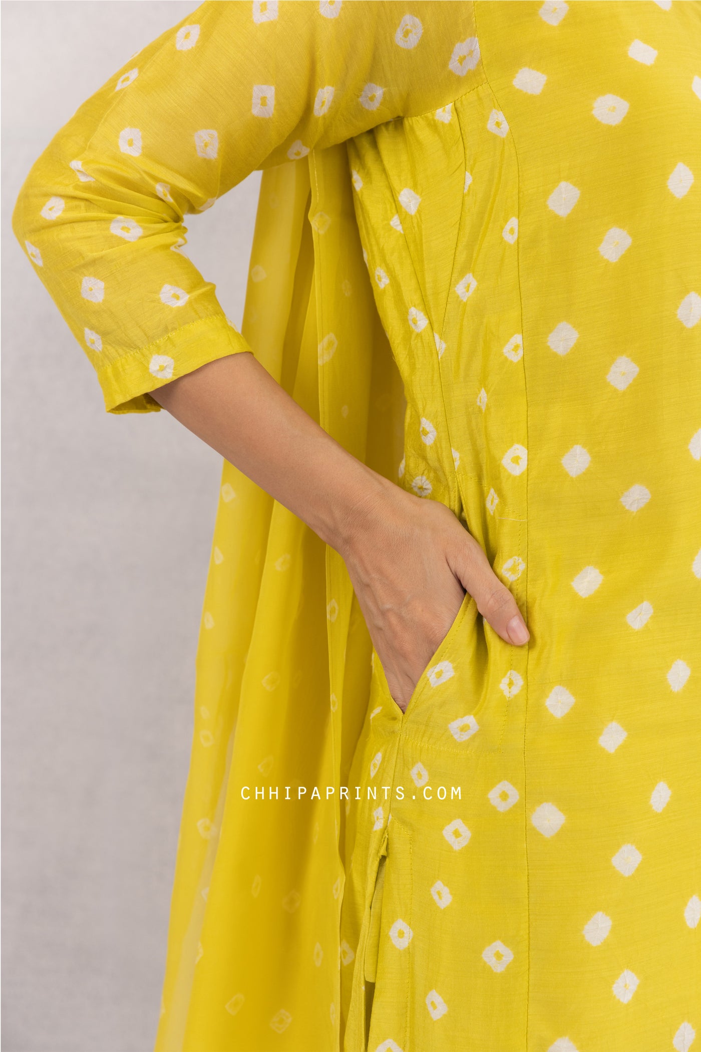 COTTON SILK BANDHANI KURTA SET IN SULPHUR YELLOW