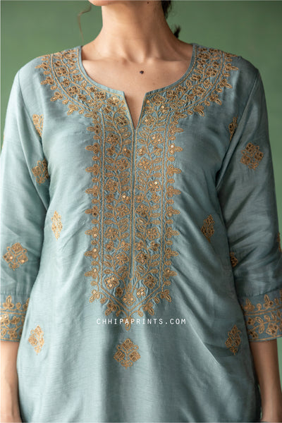 Raw SIlk Zari Embroidered Kurta Set in Harbour Grey