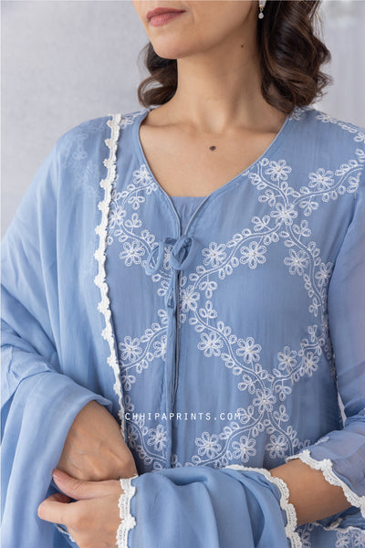 Organza Jaal Embroidery Kurta Set in Blue Haze