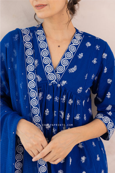 Cotton Multi Buti Embroidered Kurta Set in Royal Blue