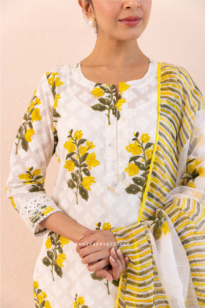 Chanderi Silk Dobby Block Print Chintz Kurta Set in Solar Yellow