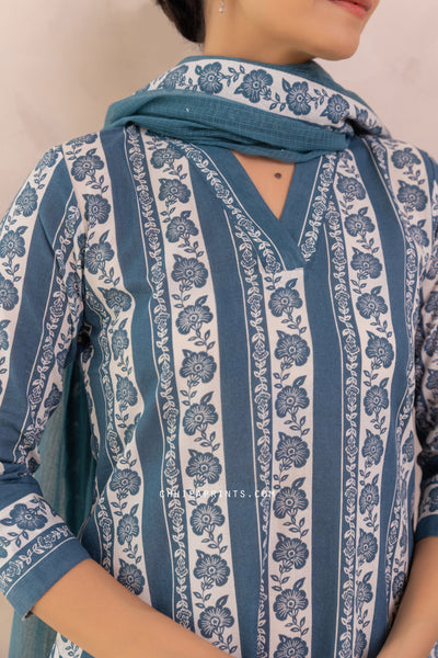 Cotton Floral Border Print Kurta Set in Moroccan Blue