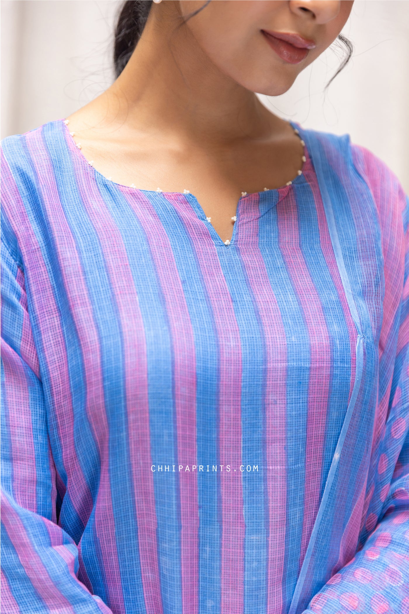 Kota Doria Stripe Block Print Kurta Set in Shades of Candy Pink & Blue