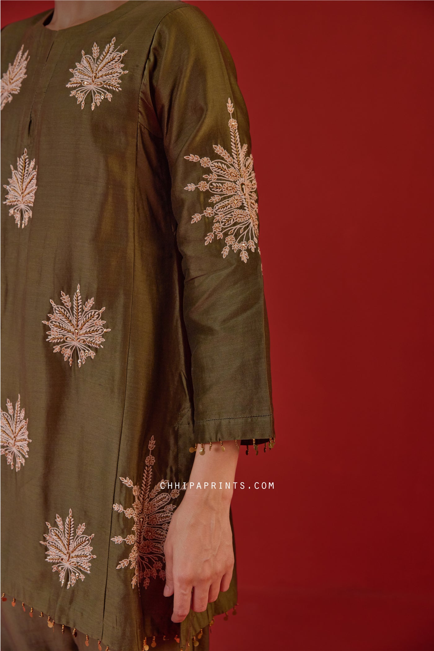 Chanderi Silk Hand Aari Embroidery Kurta Set in Burgundy