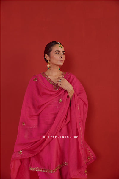Chanderi Silk Marodi Embroidery Kurta Set in Hot Pink