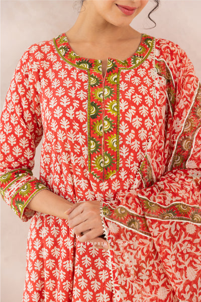 Cotton Block Print Gud Buti Anarkali Kurta Set in Racing Red