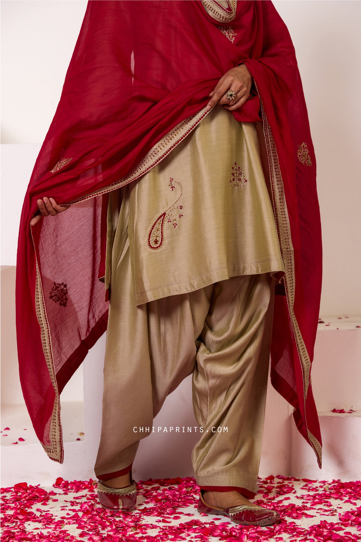 Chanderi Silk Hand Embroidery Kurta Set in Safari