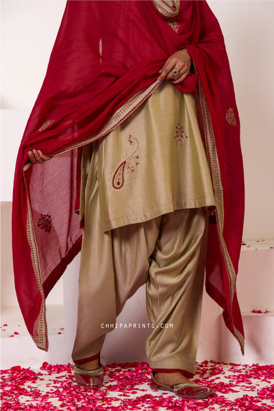 Chanderi Silk Hand Embroidery Kurta Set in Safari
