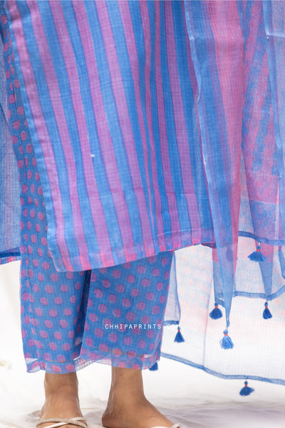 Kota Doria Stripe Block Print Kurta Set in Shades of Candy Pink & Blue