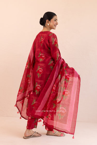 Chanderi Silk Block Print Gud Buta Kurta Set in Dark Red