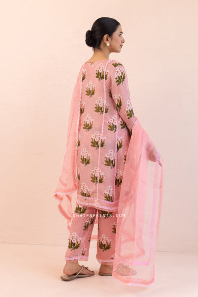 Organza Satin Printed Buta A line Kurta Set in Cameo Pink