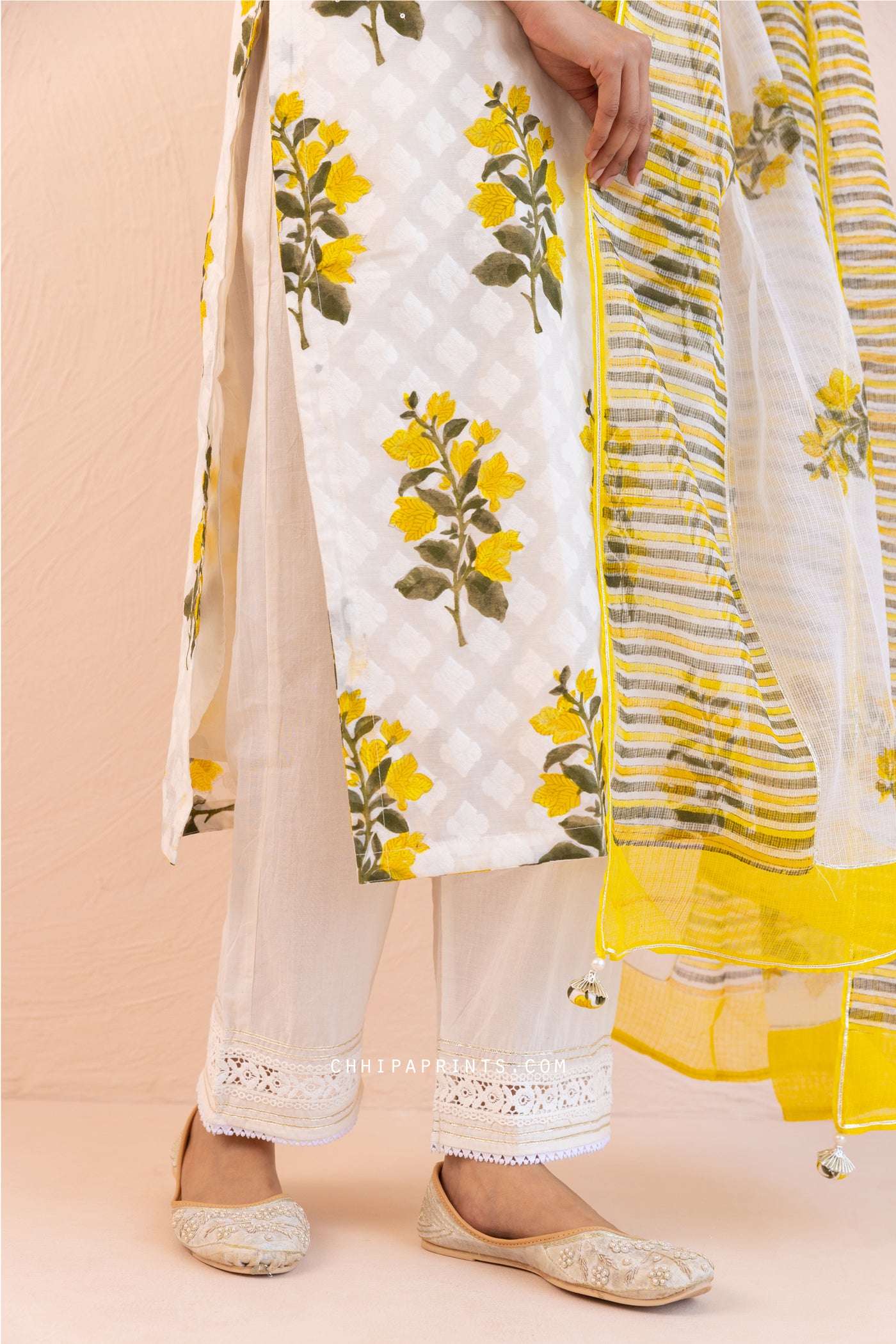Chanderi Silk Dobby Block Print Chintz Kurta Set in Solar Yellow