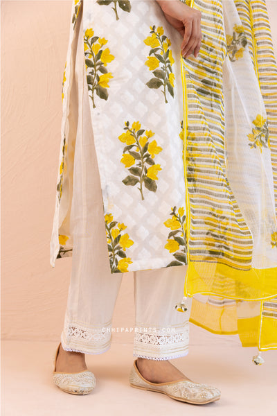 Chanderi Silk Dobby Block Print Chintz Kurta Set in Solar Yellow