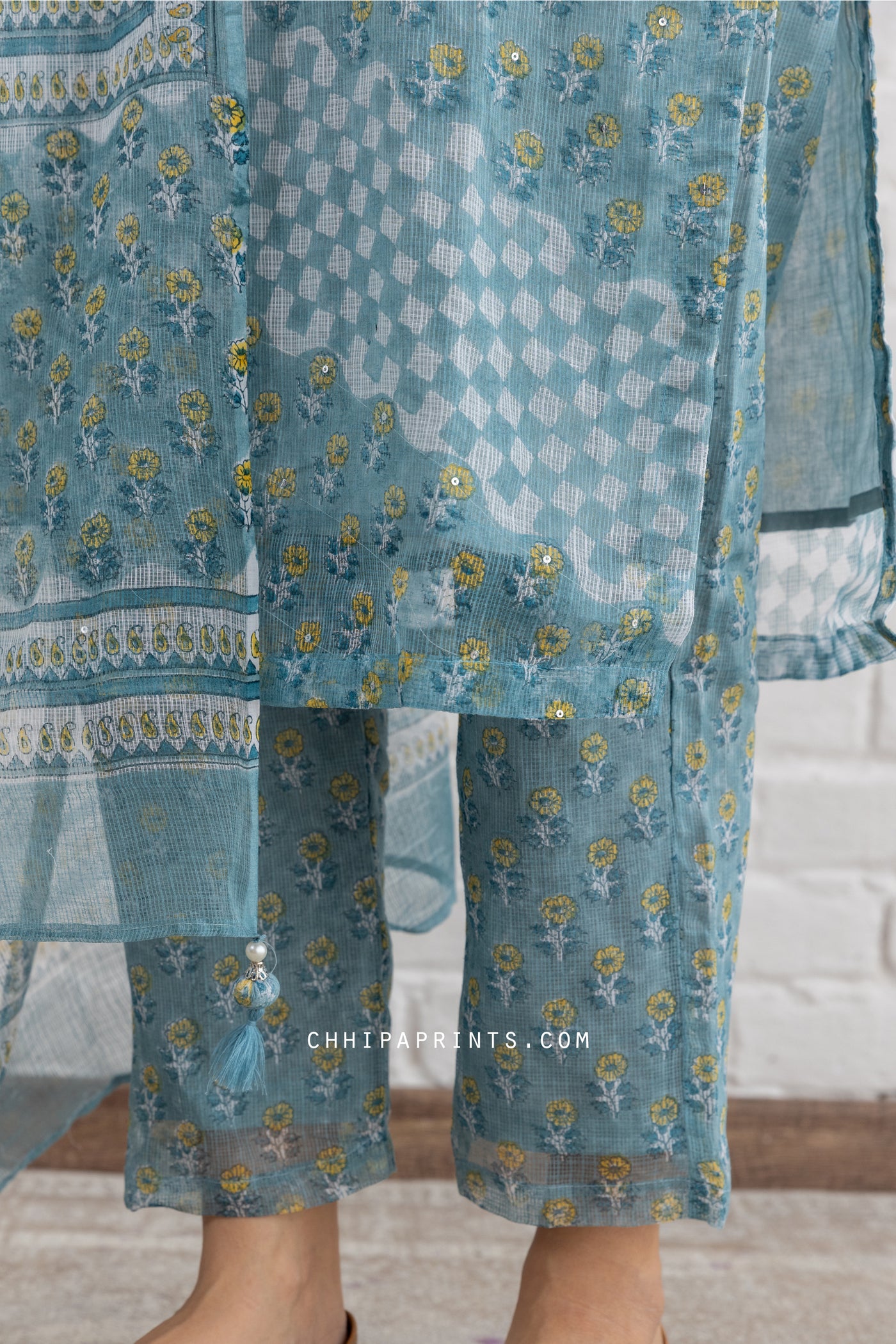 Kota Doria Block Print Bias Panel Suit Set in Teal Blue