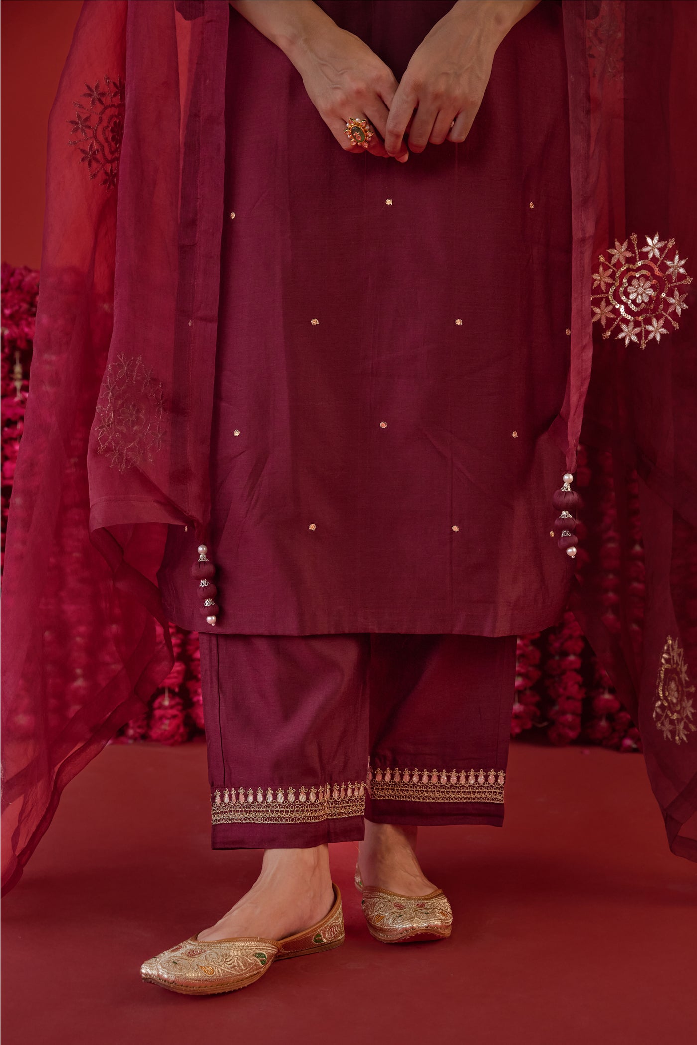 Chanderi Silk Aari Embroidery & Gota Patti Kurta Set in Burgundy
