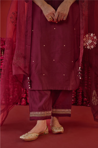 Chanderi Silk Aari Embroidery & Gota Patti Kurta Set in Burgundy