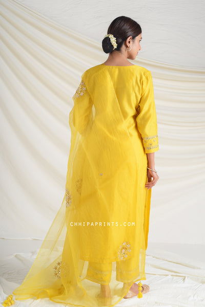 Chanderi Silk Hand Embroidery Suit Set in Solar Yellow