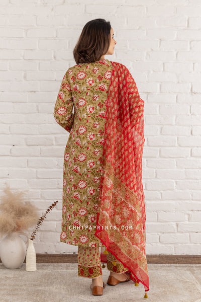 Cotton Hand Block Jaal Print Kurta Set in Shades of Olive Green & Red