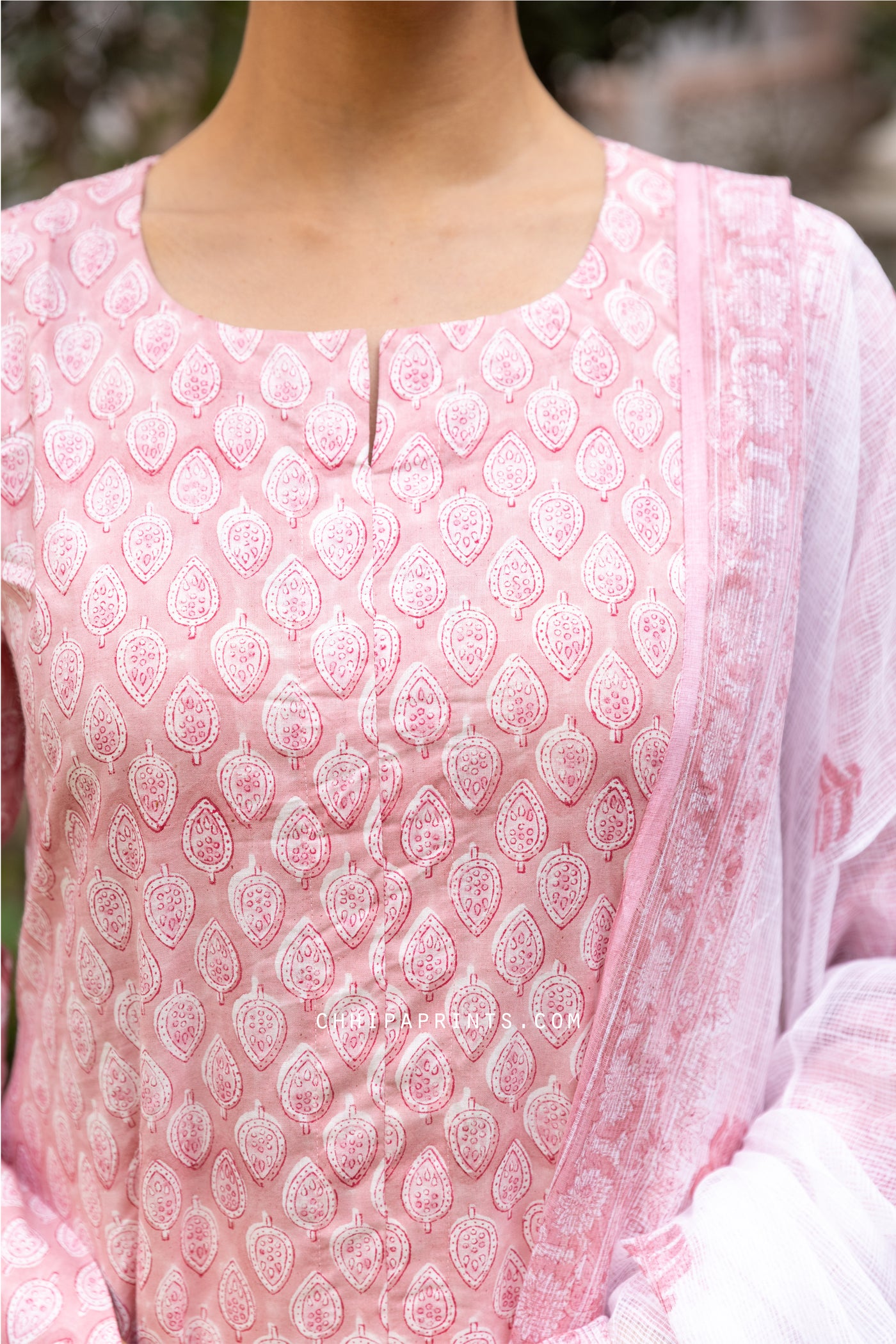 Cotton Block Print Gud Buti Kurta Set in Candy Pink