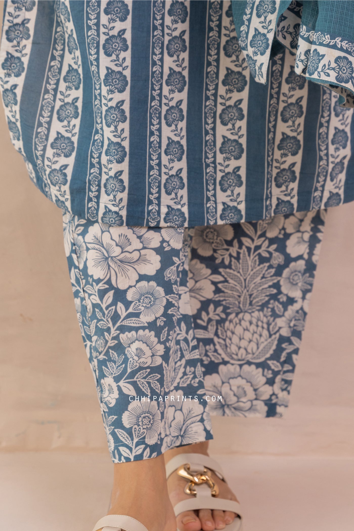 Cotton Floral Border Print Kurta Set in Moroccan Blue