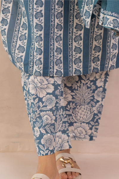 Cotton Floral Border Print Kurta Set in Moroccan Blue