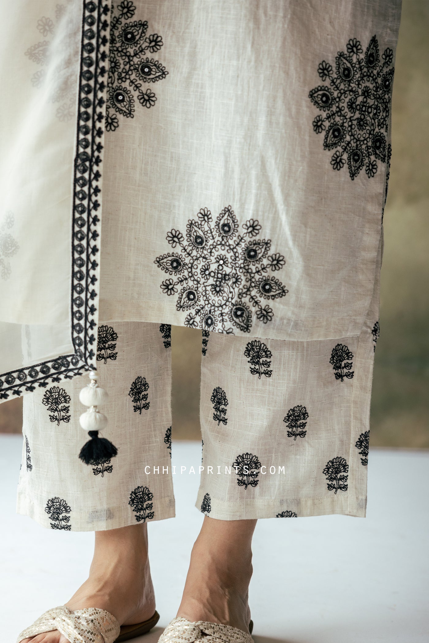 Cotton Mandala Embroidery Kurta Set in Shades of Ivory & Black