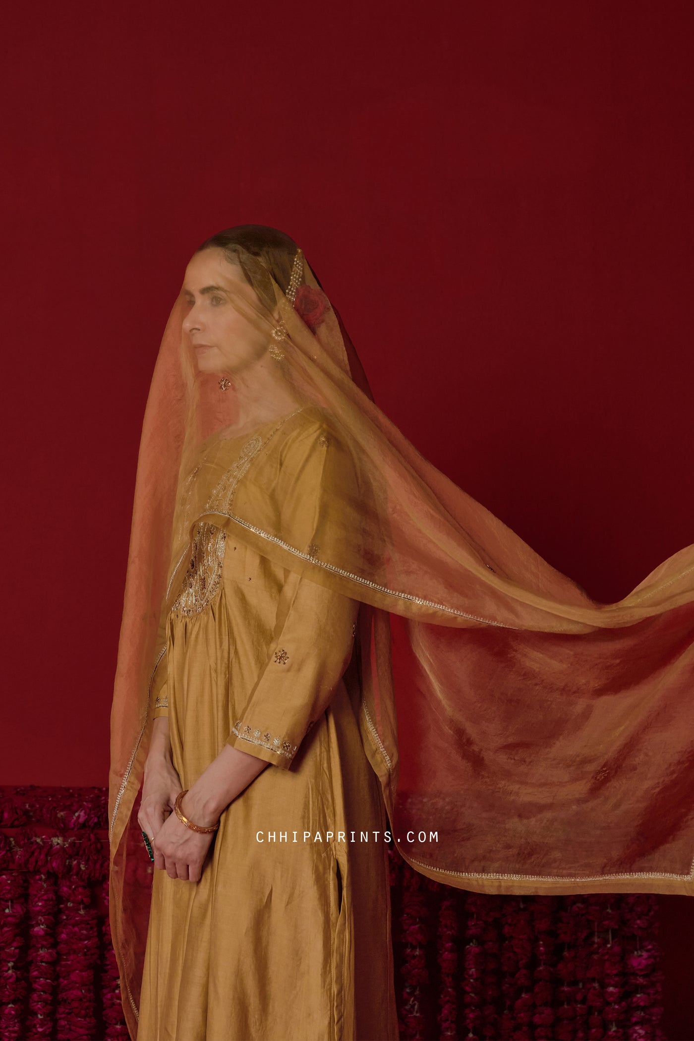 Chanderi Silk Paisley Embroidered Yoke Kurta Set in Bronze Mist