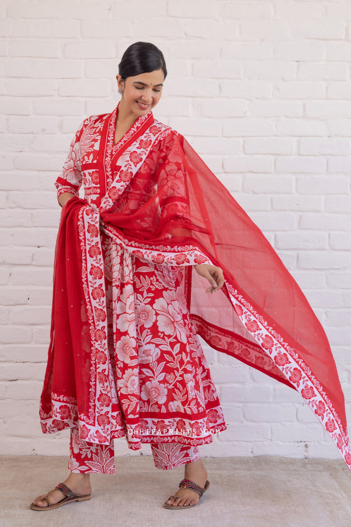 Cotton Mughal Jaal Print Flare Kurta Set in Racing Red