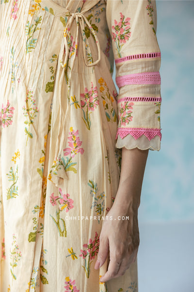 Cotton Hand Printed Floral Angrakha Kurta Set in Shades of Pink & Green