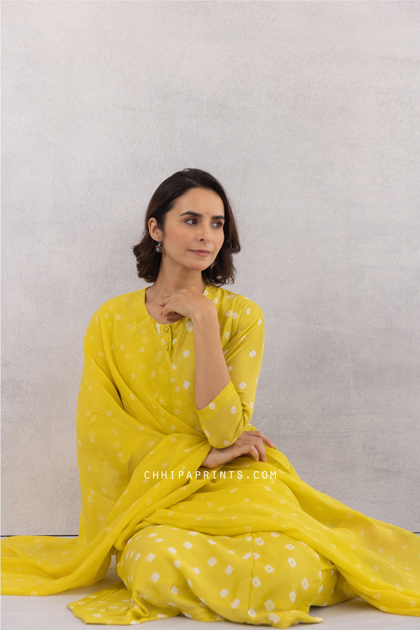 COTTON SILK BANDHANI KURTA SET IN SULPHUR YELLOW