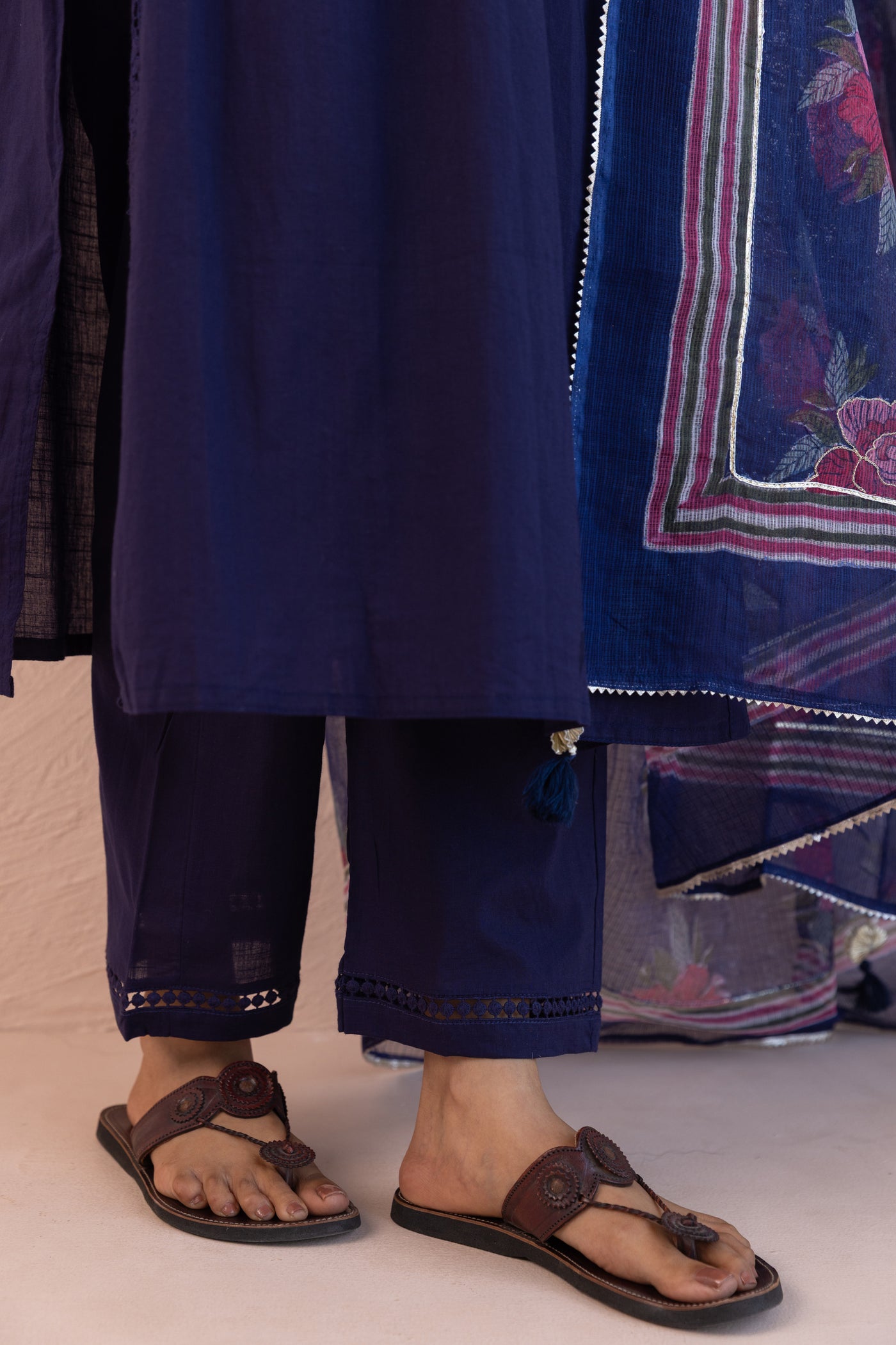 Cotton Slub Plain Dye Angrakha Kurta Set in Midnight Blue