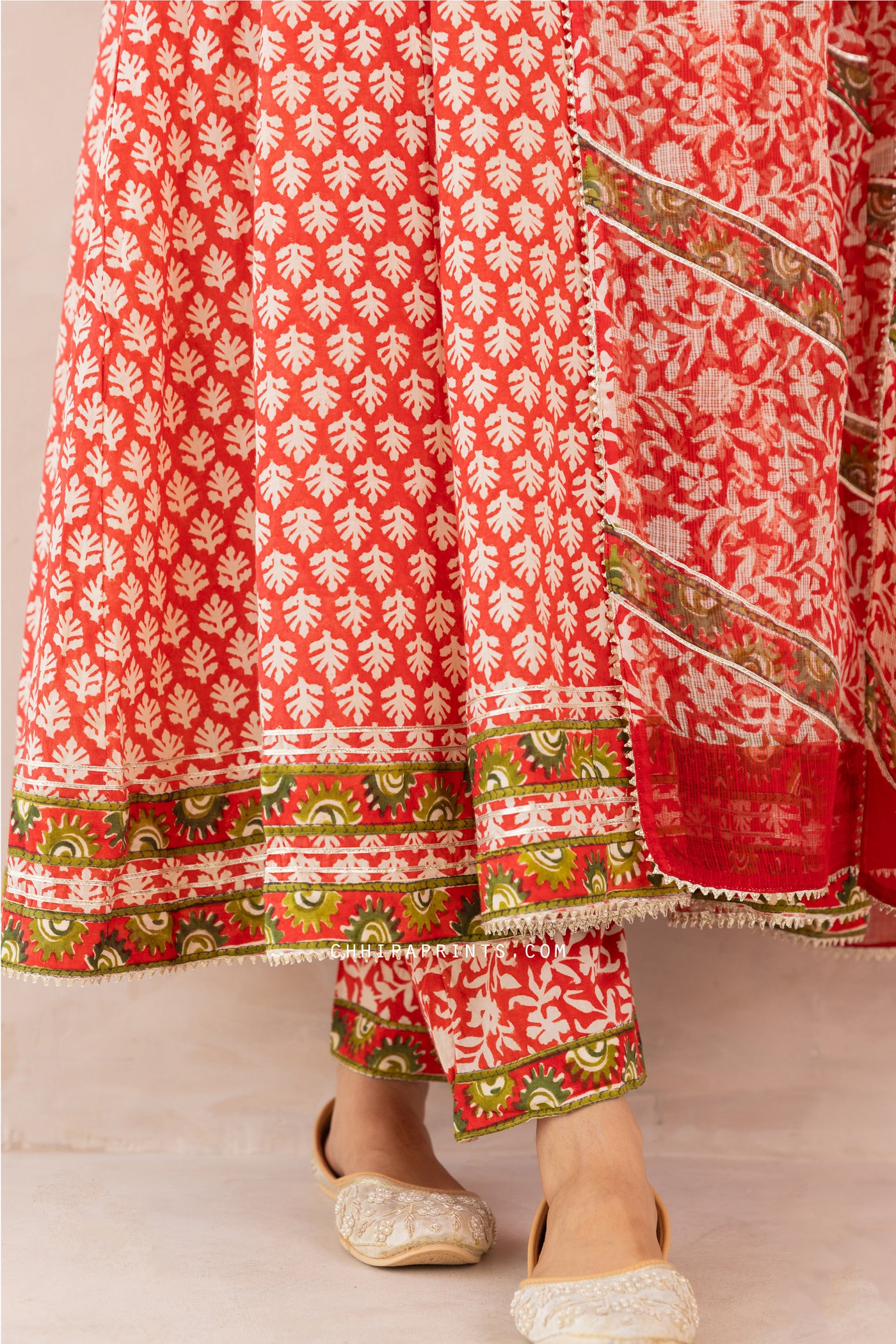 Cotton Block Print Gud Buti Anarkali Kurta Set in Racing Red