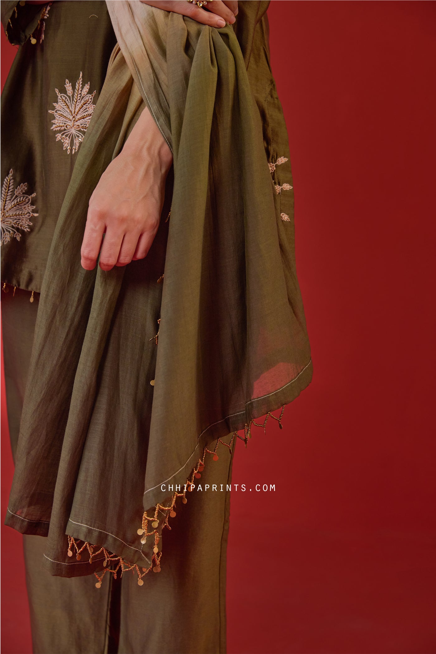 Chanderi Silk Hand Aari Embroidery Kurta Set in Burgundy