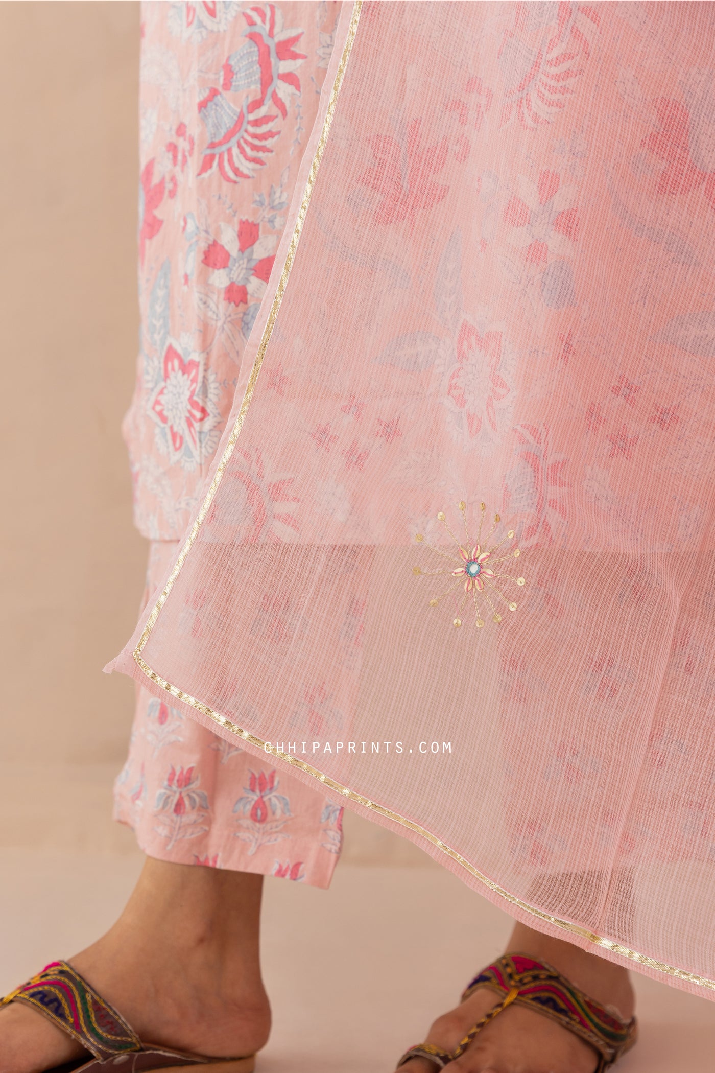 Cotton Mughal Jaal Print Kurta Set in Cameo Rose