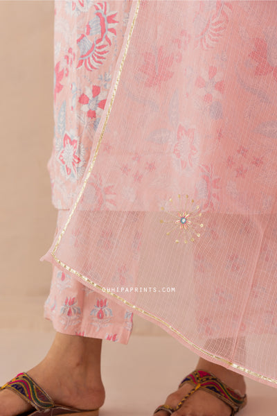Cotton Mughal Jaal Print Kurta Set in Cameo Rose