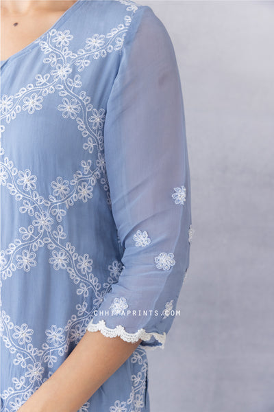 Organza Jaal Embroidery Kurta Set in Blue Haze