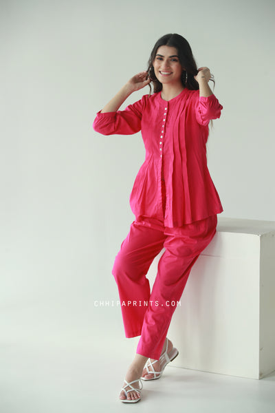 Cotton Tucks Co Ord Set in Hot Pink (Set of 2)