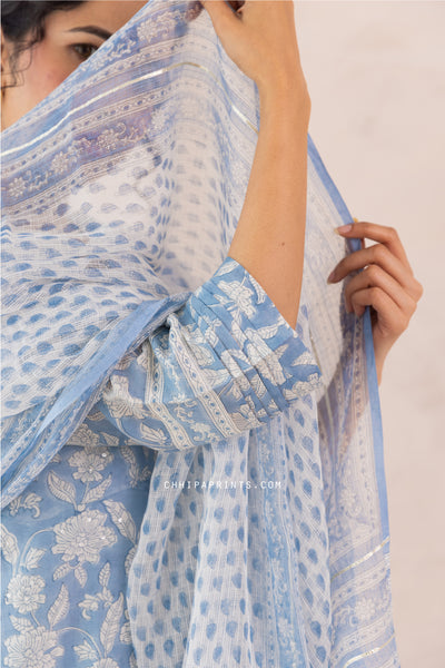 Chanderi Silk Block Print Jaal Kurta Set in Powder Blue