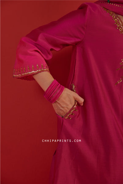 Chanderi Silk Marodi Embroidery Kurta Set in Hot Pink