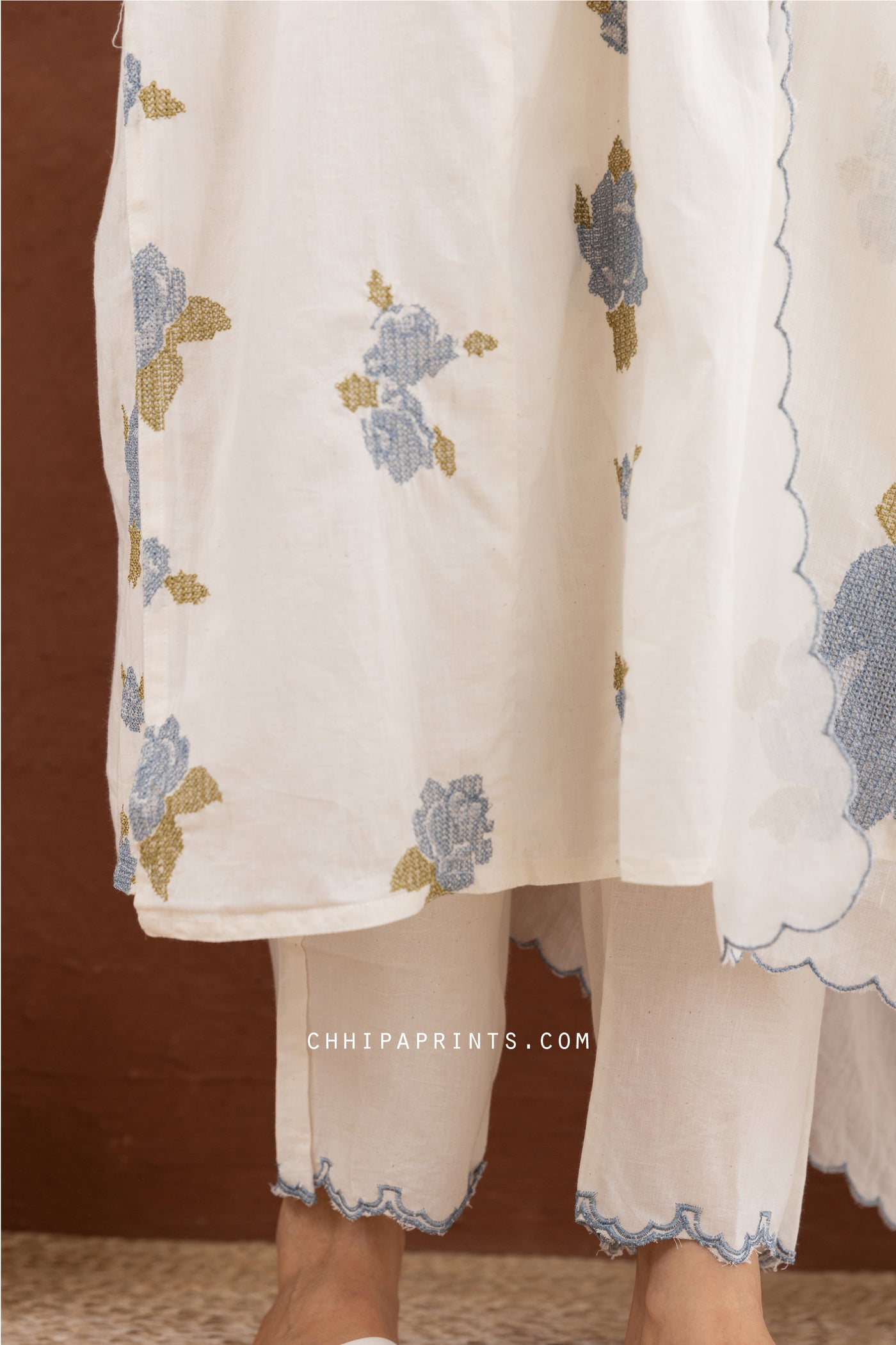 Cotton Rose Flower Embroidery Kurta Set in Shades of Ivory & Grey