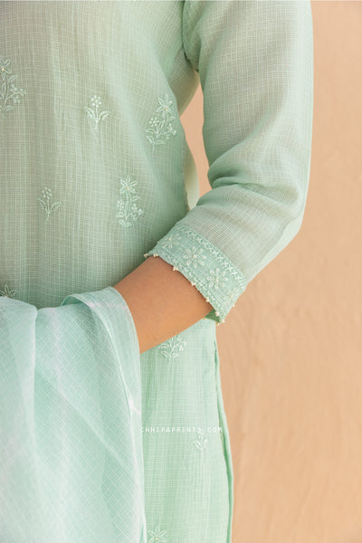 Kota Doria Embroidery Buti Suit Set in Mint Green
