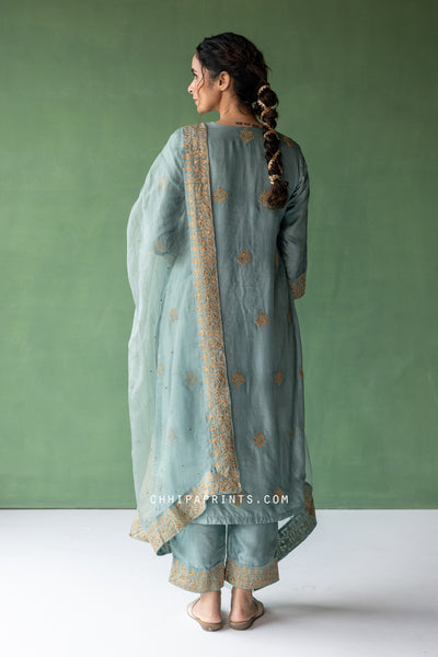 Raw SIlk Zari Embroidered Kurta Set in Harbour Grey