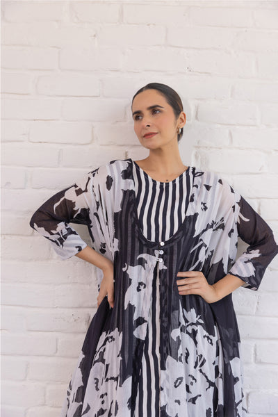 Cotton Hand Printed Free Size Shrug & Inner Dress Set in Black