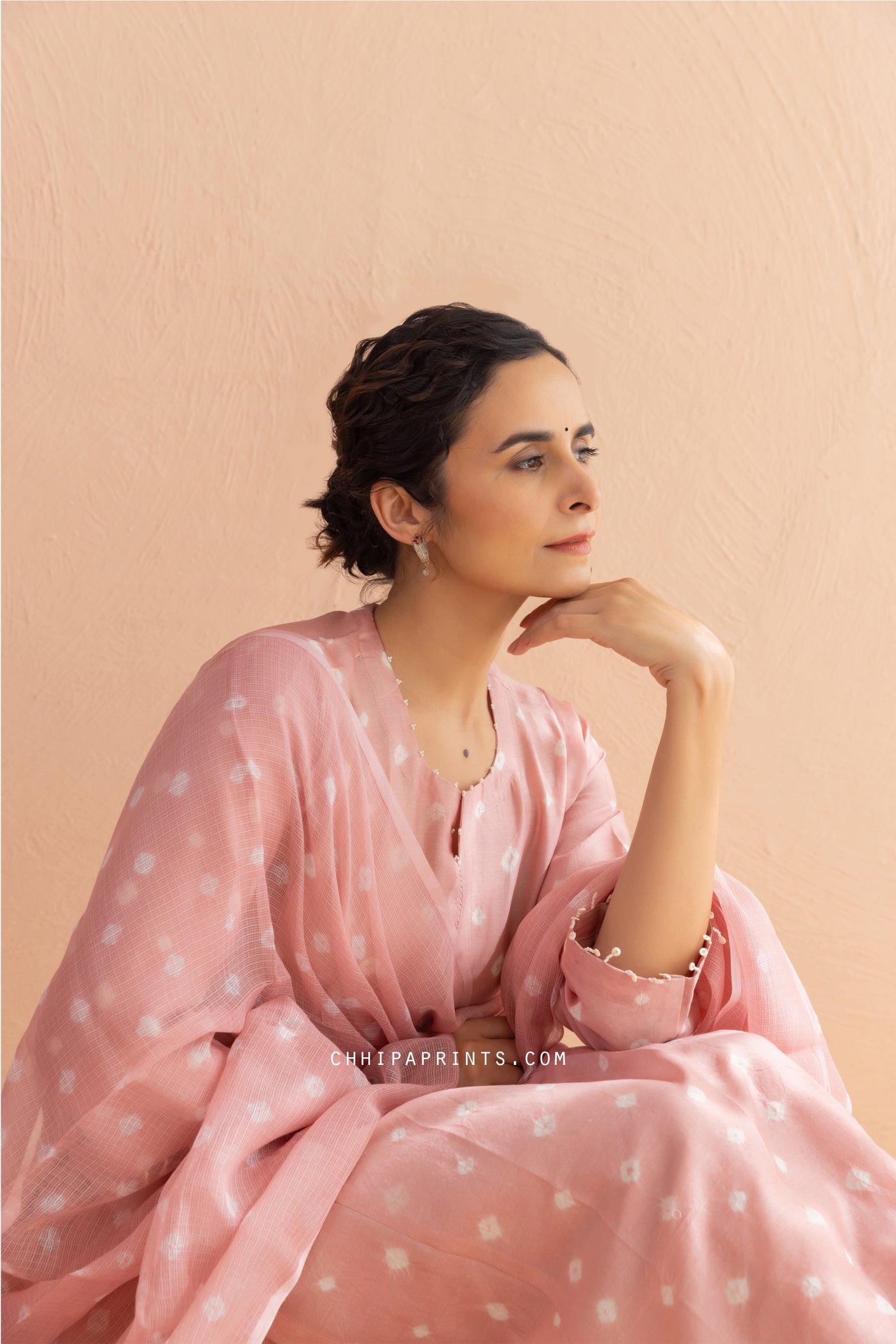 Chanderi Silk Bandhani Kurta Set in Cameo Rose (Set of 4)
