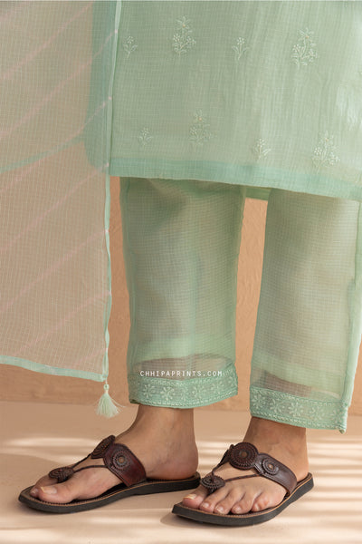 Kota Doria Embroidery Buti Suit Set in Mint Green