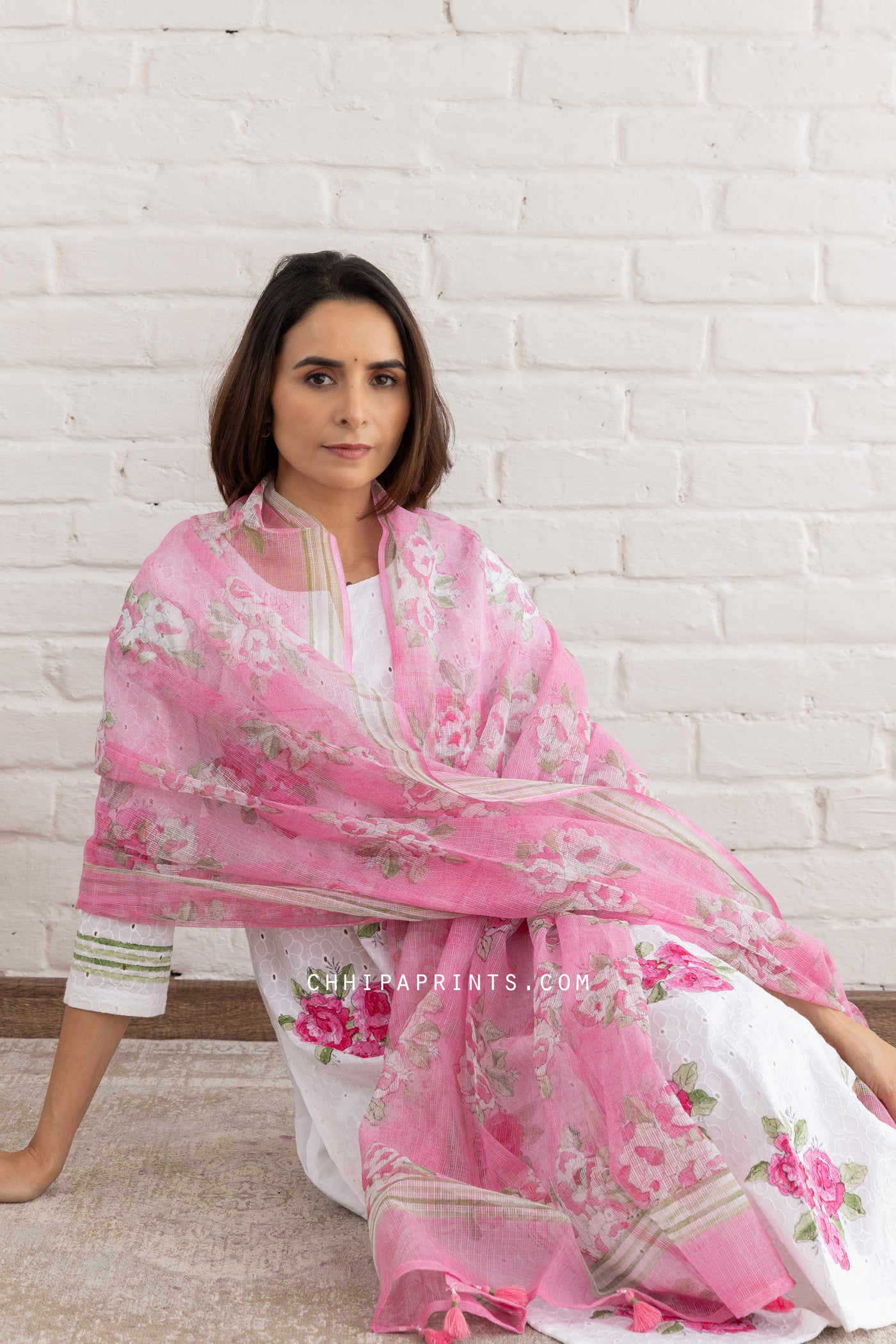 Cotton Schiffli Floral Block Print Kurta Set in Hot Pink