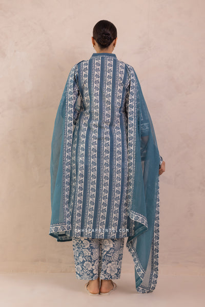 Cotton Floral Border Print Kurta Set in Moroccan Blue